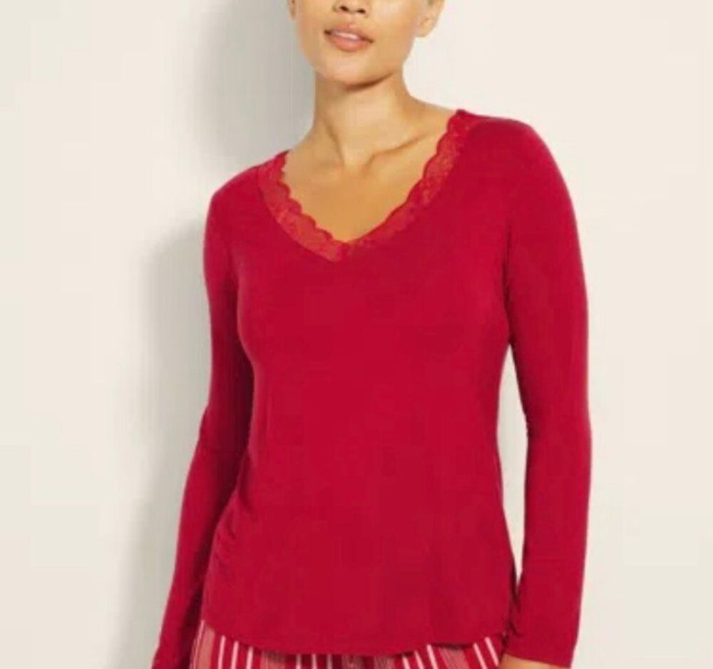 Soma Cool Nights V-Neck Lace Trim Stretch Long Sleeve Pajama Top Red Large NEW